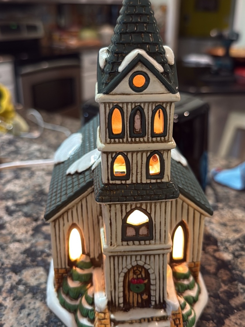 Light-Up Ceramic Church Holiday Decor - Green and White